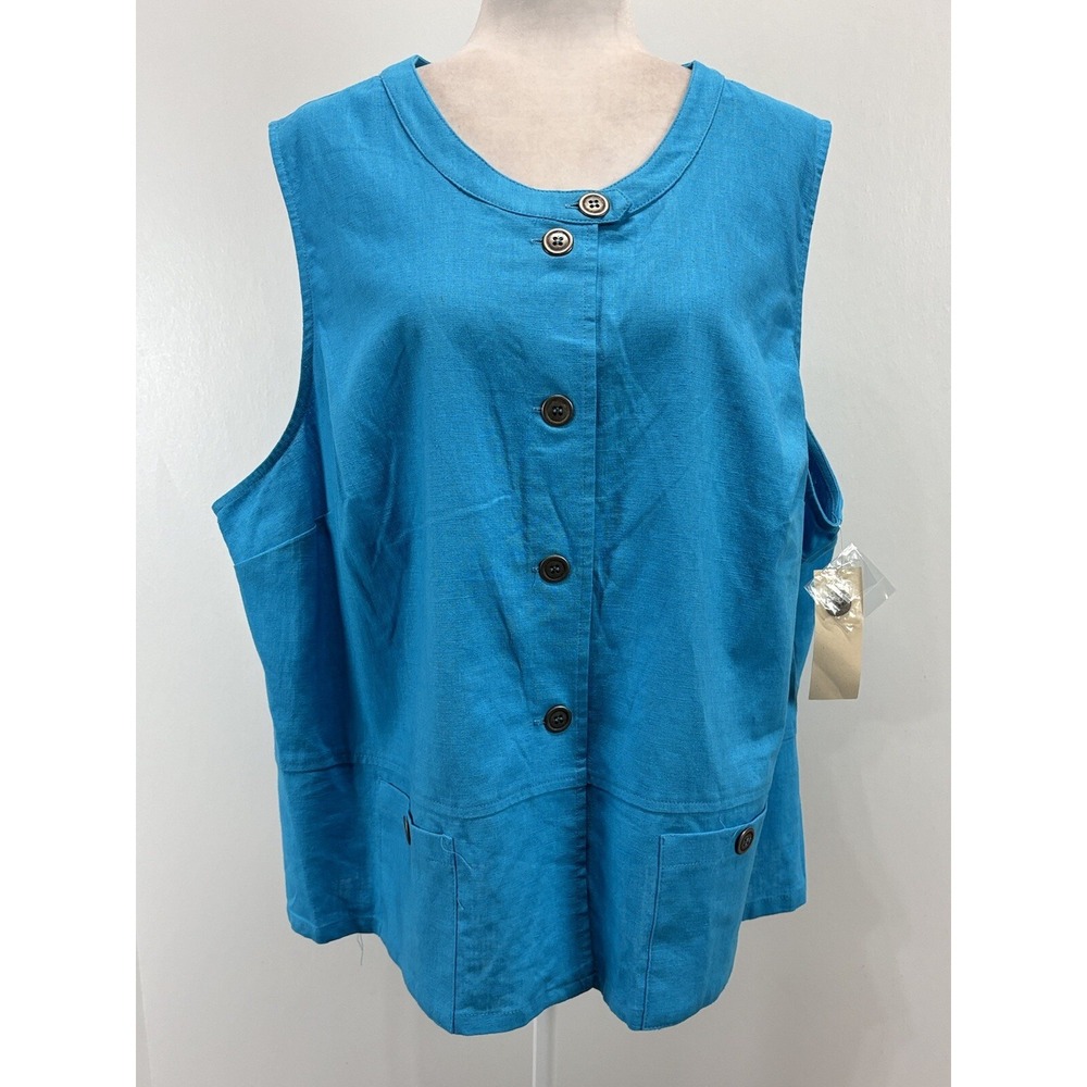 Melrose Studio Linen Blend Sleeveless Shirt Sz 22 Plus Blue Button Up Lagenlook